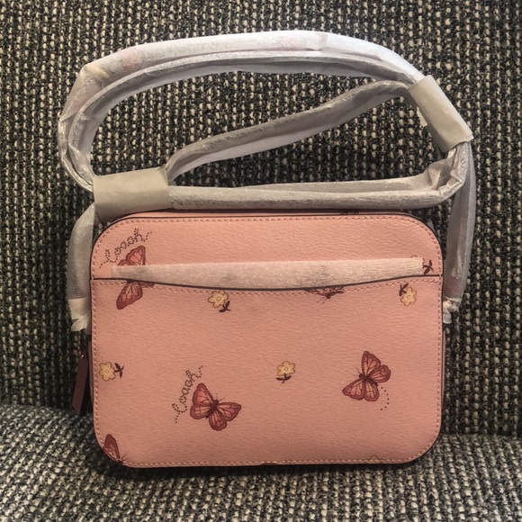 mini camera bolsa with butterfly print coach